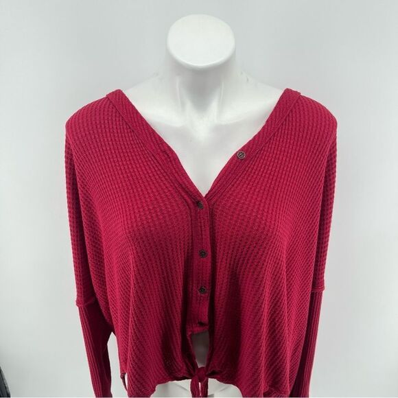 Knox Rose Red Long Sleeve Waffle Knit Tie Hem Button Front Lace Panel Top 2X - Picture 4 of 14